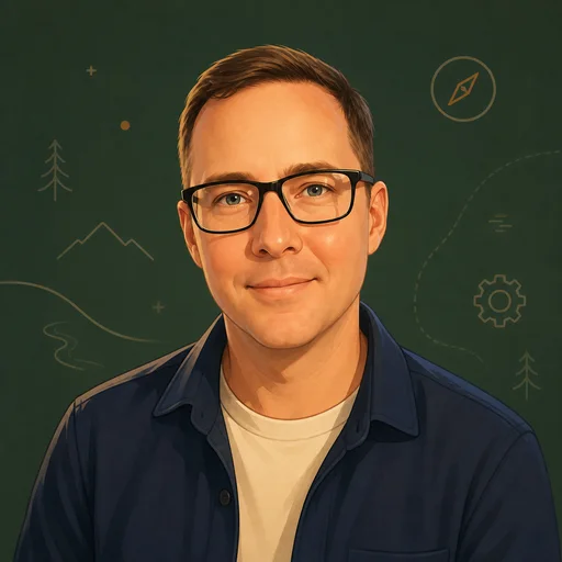 Animated character portrait of Phillip with dark brown hair, black glasses, and a navy jacket